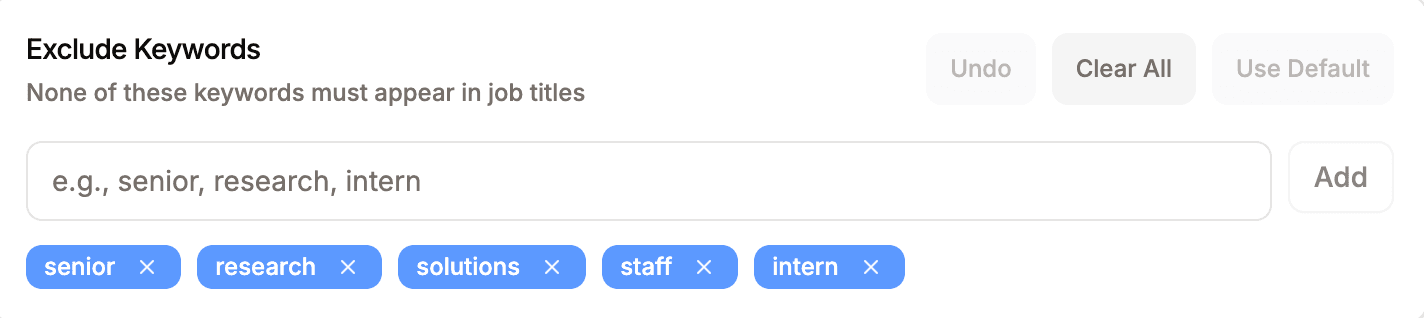 Exclude keywords interface